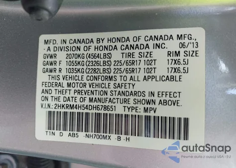 2013 Honda Cr-V Ex z USA, uszkodzony, nr VIN 2HKRM4H54DH678651